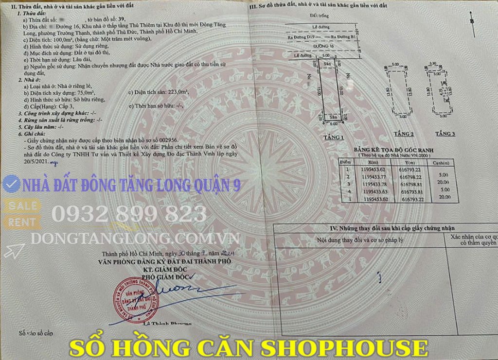 Pháp lý sổ hồng shophouse Đông Tăng Long
